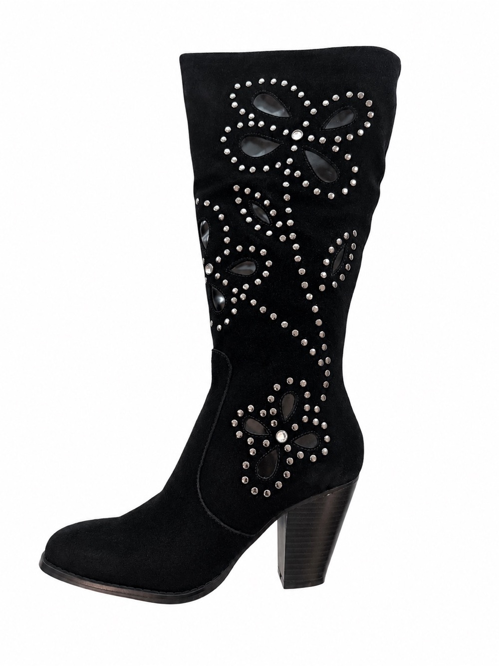Colin Stuart Black Suede Mid-Calf Studded Floral Cutout Boot